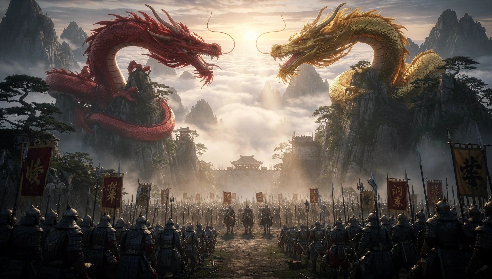 Ejército y dragones frente a un palacio antiguo