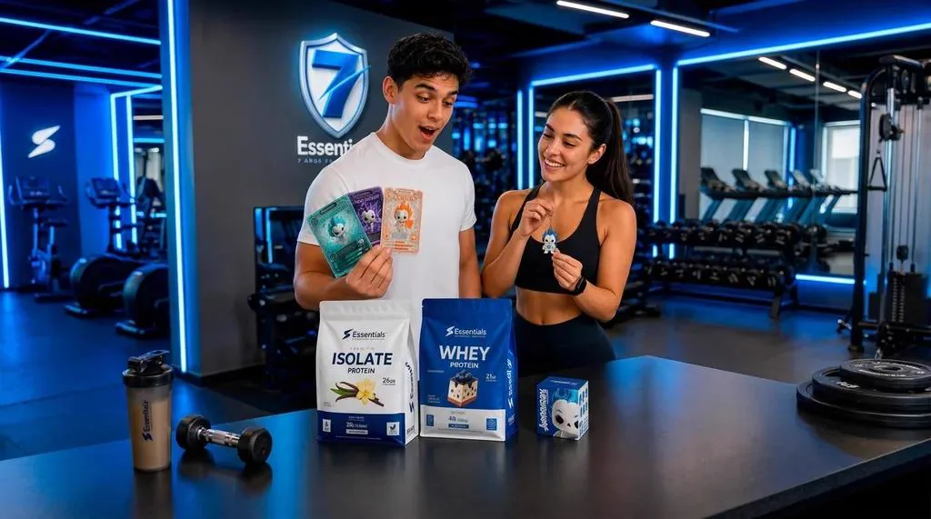 Clientes con productos y coleccionables de la campaña de 7° aniversario de Essentials en un gimnasio