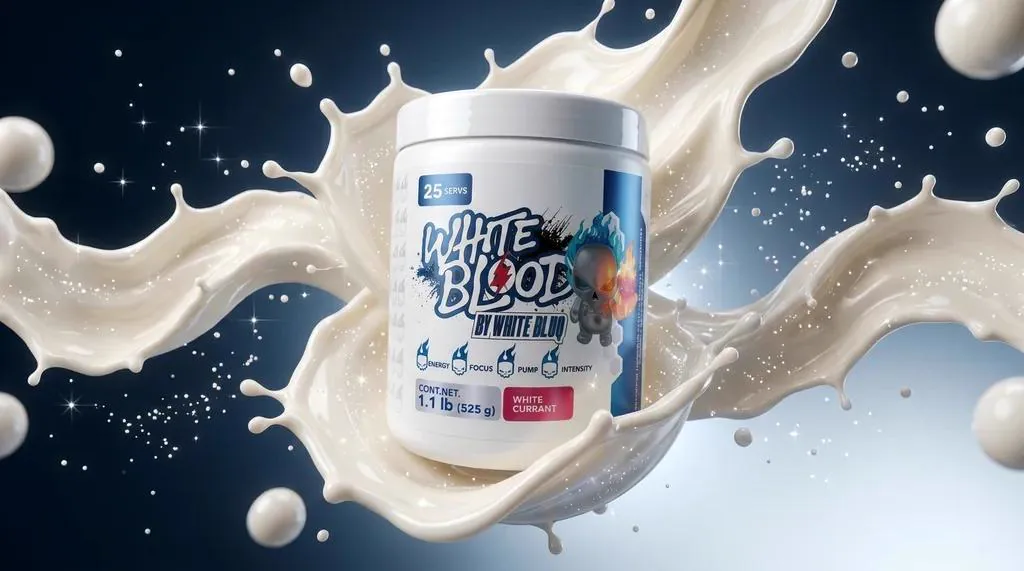 Pre-entreno White Blood de Essentials, foto de producto con splash