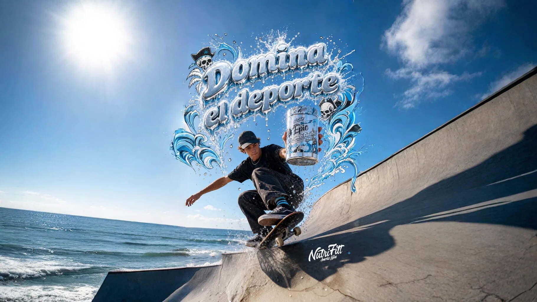 Campaña NutriFitt 'Domina el deporte': skater con Epic Creatine sobre una rampa junto al mar