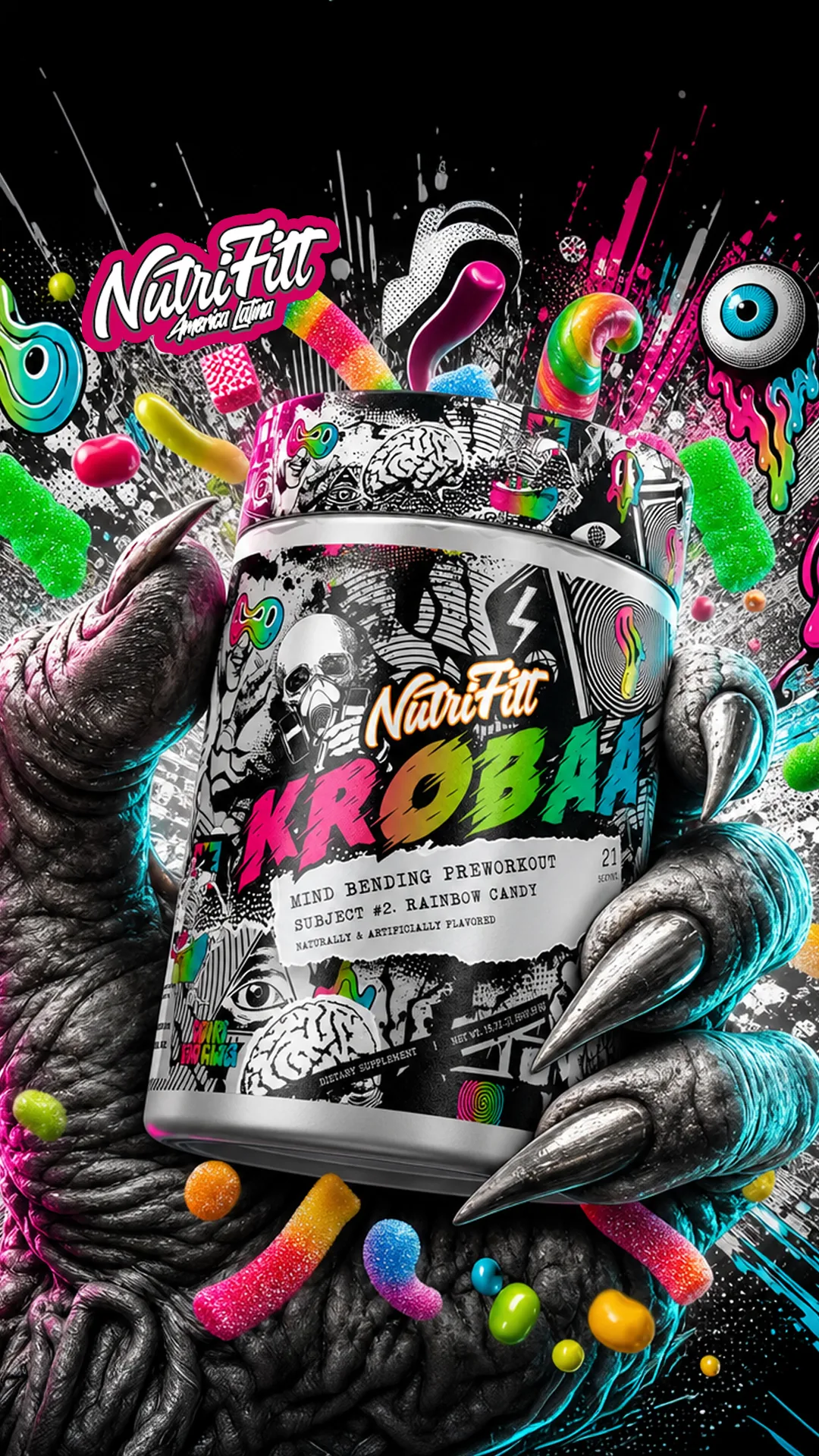 Gráfica clave del pre-entreno Krobaa de NutriFitt: bote sostenido por una garra monstruosa entre dulces y graffiti
